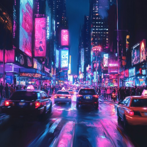 A vibrant electronica piece that epitomizes modern urban nightlife through high energy beats and bright synthesizer melodies. The track is dynamic and pulsating, reflecting the lively and fast paced atmosphere of a bustling city at night.