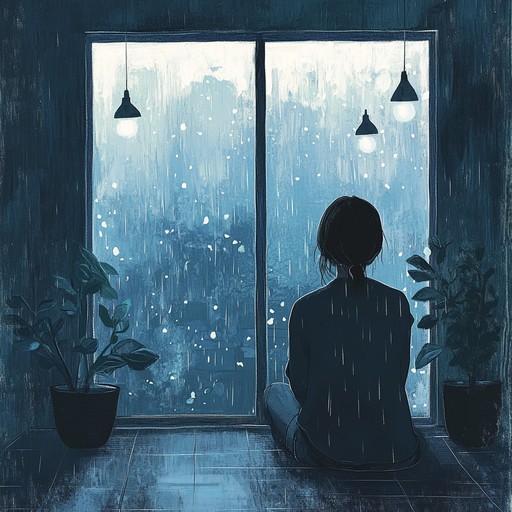 Visualize a quiet, rainy afternoon where the gentle, rhythmic rain mingles seamlessly with calming lofi beats. The soft, warm electric piano melody flows like a peaceful stream, creating an enchanting and tranquil mood, perfect for moments of relaxation.