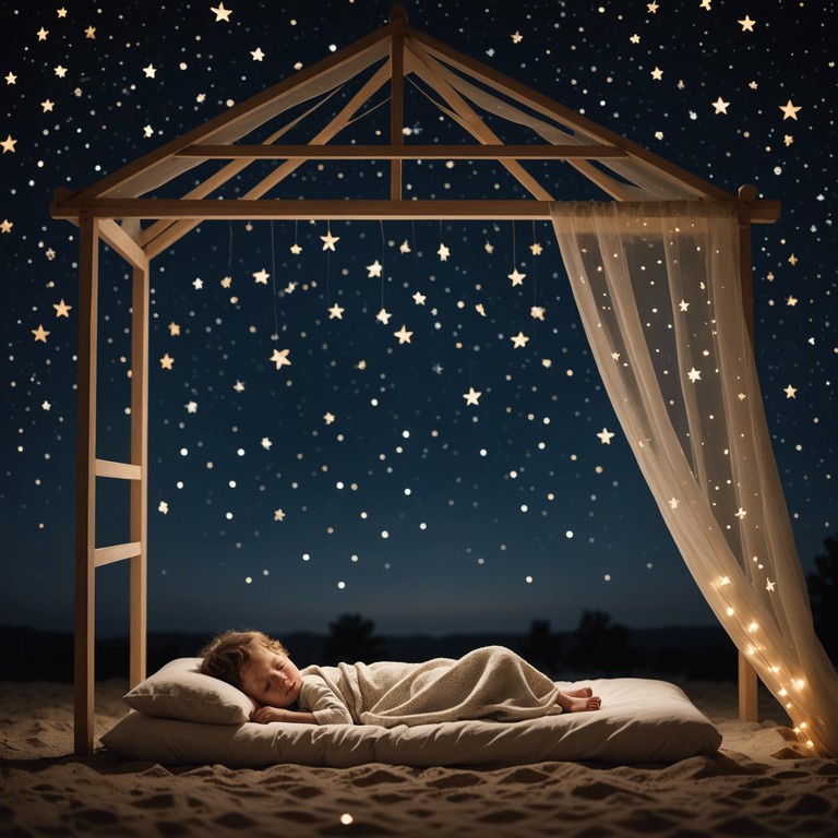 A tender melodic piece crafted to transport children into a peaceful, starry night slumber. This composition uses soft harp sounds to replicate the tranquility and beauty of a night sky filled with twinkling stars.