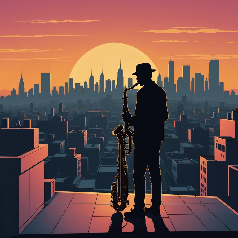 A lone saxophonist on a city rooftop plays as the sun sets, casting long shadows and painting the scene with a lonely yet beautiful tint. As the hustle of the day slows, the notes float over the cooling air, invoking feelings of solitude and contemplative peace.