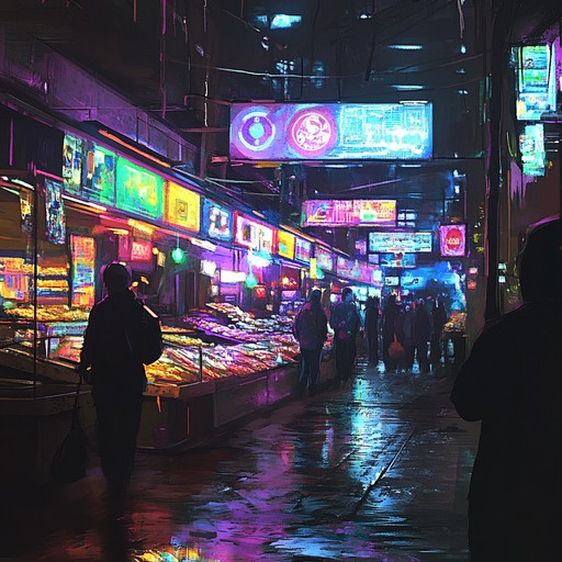 Explore a bustling urban landscape filled with colorful neon lights and exotic sounds. Futuristic electronic elements mixed with traditional percussive beats create a unique experience that feels both familiar and otherworldly. Haunting melodies and intricate soundscapes paint a vivid picture of a cyberpunk world.