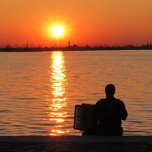 Reimagining venice's ancient allure, the echo of an accordion blends seamlessly into the evening as the city's historical tales unfold in whispers carried by the wind. The listener is transported to a world of intrigue and enigmatic beauty, deeply rooted in the heart of italy.