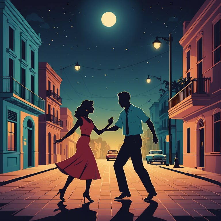 Imagine a warm, sultry night in havana, where the air pulses with the rhythms of salsa, inviting couples to dance intimately under the moon's glowing embrace. Soft conga beats and the sensual strumming of a spanish guitar envelop the soundscape, drawing listeners into a passionate, rhythmic experience that captures the essence of a cuban love story.