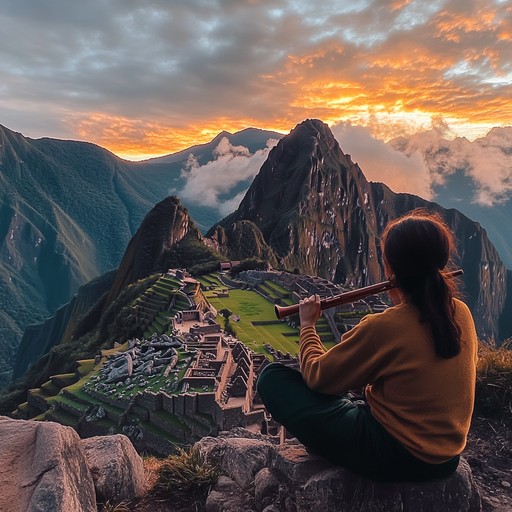 An instrumental featuring calming pan flute melodies that evoke the mystical atmosphere of machu picchu at dusk.