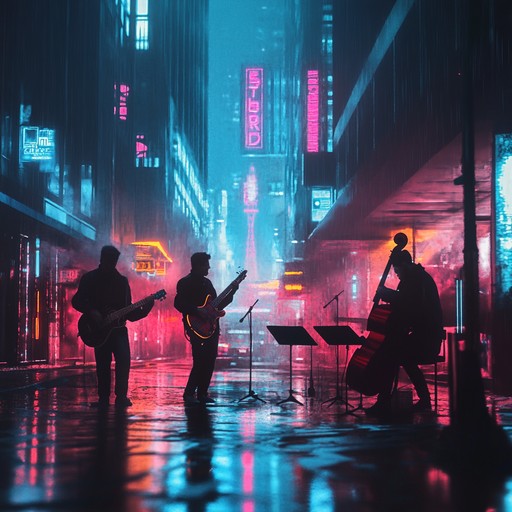 An exhilarating journey through a bustling city at midnight, showcasing electric jazz melodies that dance with vibrant urban rhythms. The song captures the essence of a lively cityscape under a blanket of stars, with swinging beats and improvisational flair, injecting energy into every note and filling the night with musical excitement.