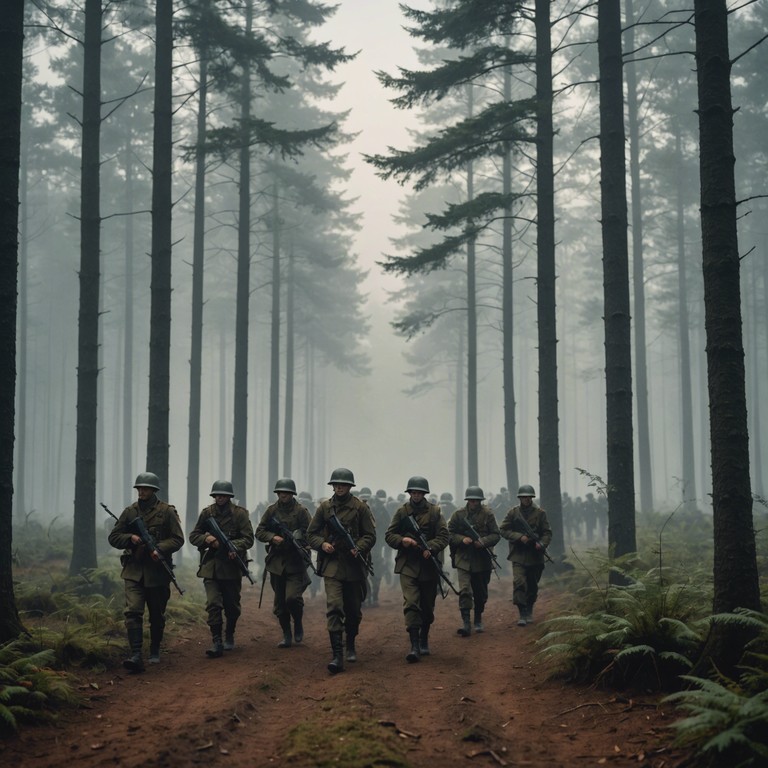 This instrumental track utilizes a powerful snare drum to mimic the relentless and disciplined march of soldiers. The composition evokes a scene of troops marching through a rugged terrain, their determination palpable in each drumbeat. Through imposing rhythms and a consistent, forceful tempo, the song captures the essence of unwavering resolve and military might.