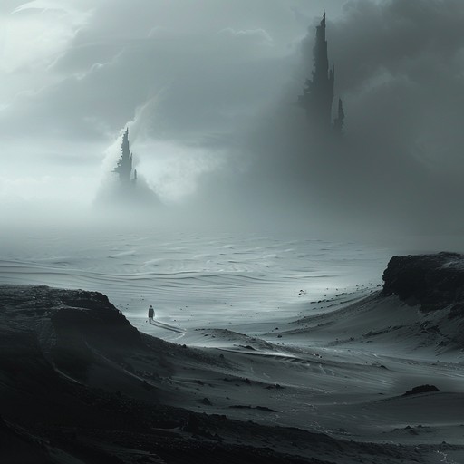 Eerie, howling winds sweep across a vast, lifeless desert, carrying the haunting echoes of a lost civilization. The sparse, atmospheric composition creates a sense of isolation and despair, with occasional distant, distorted sounds hinting at the remnants of a bygone era.