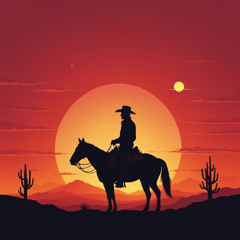 This alternative version explores the end of a long day with the sun setting, casting long shadows across the gritty terrain. The electric guitar plays a slower, more reverberating tune that reflects the fatigue and finality of the day's climactic duel. The composition resonates with a deeper feeling of desperation and resolve.