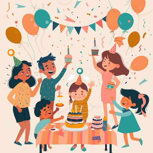 An energetic, joyful tune filled with playful melodies and rhythms to capture the excitement of a child's birthday party, featuring whimsical themes and lively tempos to keep children dancing and laughing.