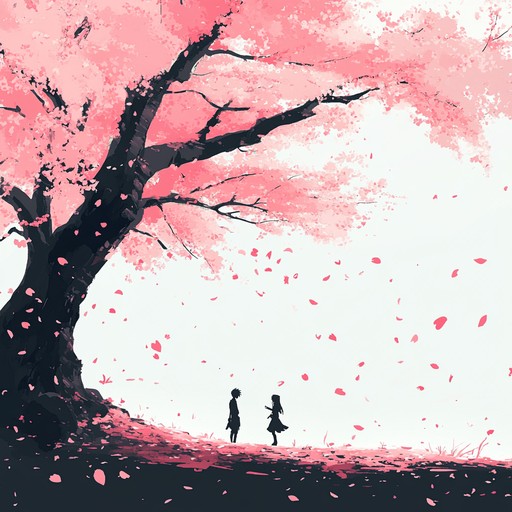 An instrumental composition that conjures images of cherry blossoms whispering in the wind, representing the tender and nostalgic moments of young love in an anime storyline. The delicate sounds of the koto interwoven with soft piano melodies create a comforting, romantic, and nostalgic atmosphere.