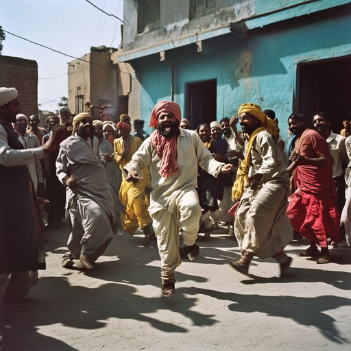 This track illustrates the vigorous enthusiasm and celebratory spirit rooted in bhangra music and dance, powered by the relentless energy of the dhol drum, weaving through intricate rhythms that invite jubilant dancing and widespread cheer.