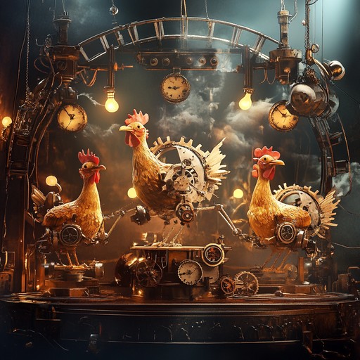 An upbeat novelty instrumental merging mechanical steampunk sounds with amusing chicken clucking, creating a carnival atmosphere that's both fun and engaging.