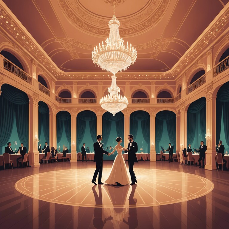 Imagine a large, opulent ballroom filled with swirling dancers in exquisite attire, their movements graceful and synchronized to the sophisticated sounds of a lone classical guitar playing an enchanting waltz. The music captures the essence of a bygone era, bringing to life the romance and elegance of high society gatherings.