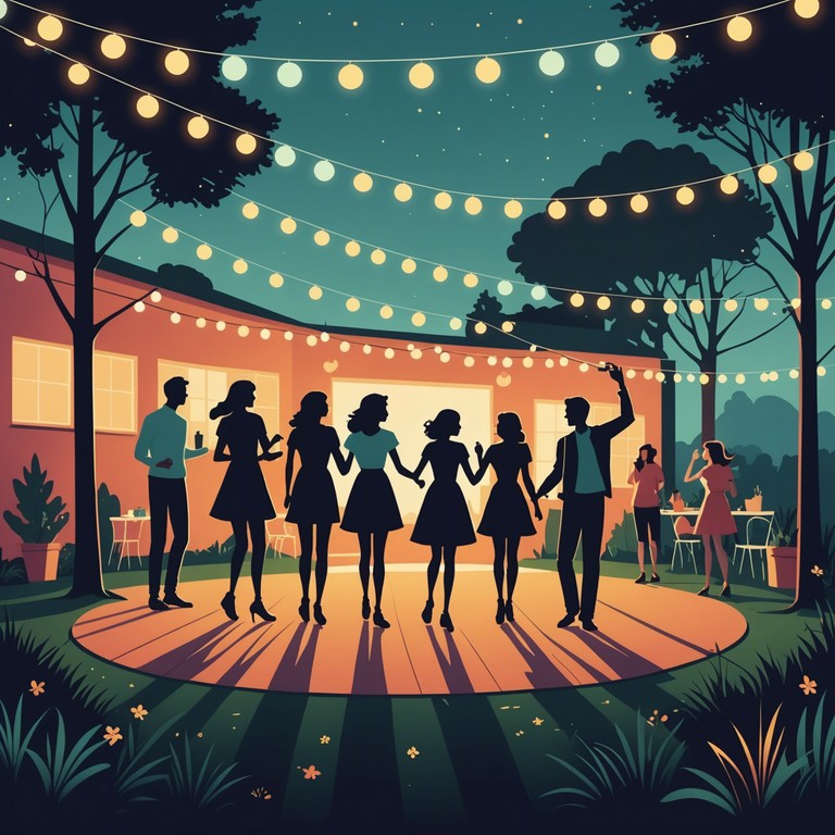 A lively, captivating sound that promotes feelings of happiness and celebration, particularly portraying a spontaneous midnight dance party under a full moon.