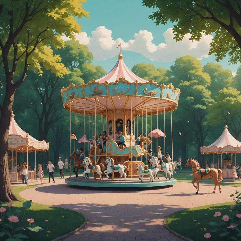 An enchanting music piece that uses the whimsical tones of a music box to paint a musical picture of children dancing and playing under a clear blue sky.