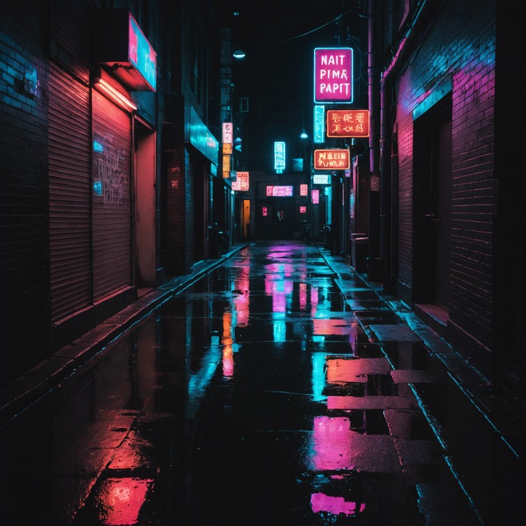 This track combines the classic elements of new jack swing with a darker, more ominous tone, representing the suspenseful streets in a neon lit cityscape at night. The use of a prominent bass synthesizer adds to the unsettling yet groovy aesthetic, perfectly blending retro style with an air of mystery.