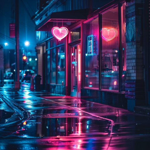 This track should evoke the feeling of wandering through a cityscape at night during the 80s, with bright neon lights reflecting off the wet streets, capturing the essence of retro nostalgia and the iconic sound of the era.