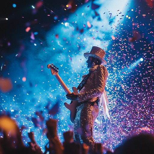 Listen to a spatially immersive track that captures the essence of a vivid glam rock concert with electrifying guitars, intense rhythms, and sparkling synthesizers. Ideal for an evening filled with stardust and brilliant lights.