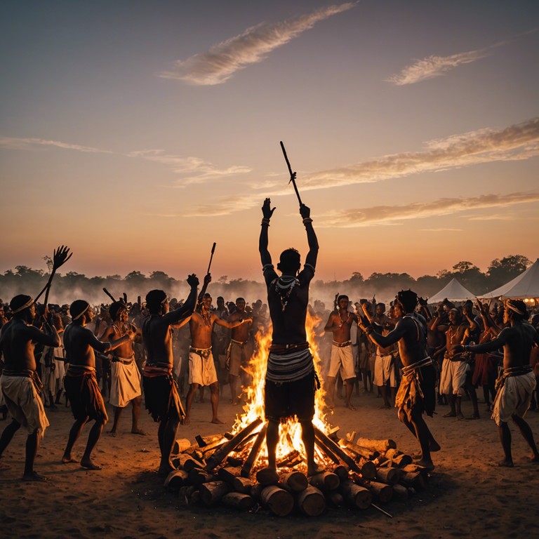 In the heart of a forgotten jungle, tribal drums echo, signaling a victory celebration that reverberates through the dense canopy. As the sun sets, the rhythmic beats tell tales of triumph and communal joy in an immersive auditory experience tailored to evoke the essence of primordial victories.