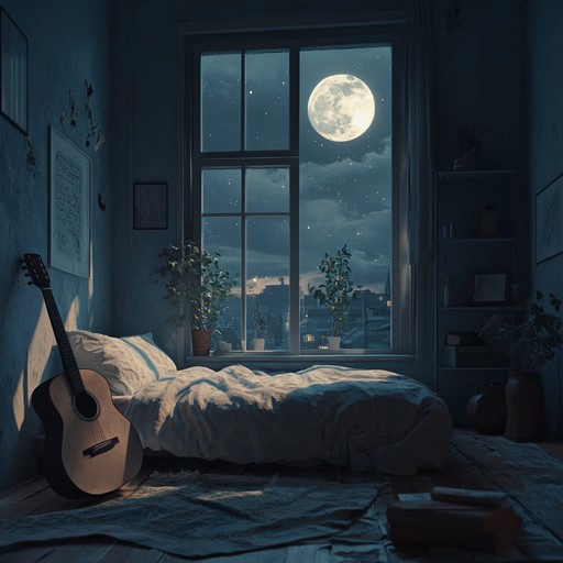 A soothing mix of delicate acoustic guitar and ambient elements, creating a calm and reflective atmosphere perfect for serene late night thoughts, wrapping the listener in gentle, comforting sounds