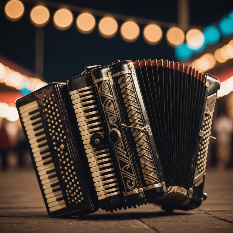 Delve into a sentimental journey echoing the faded joys and colors of an old time carnival scene, with the accordion leading a dance of shadows and lights in the backdrop of forgotten laughter