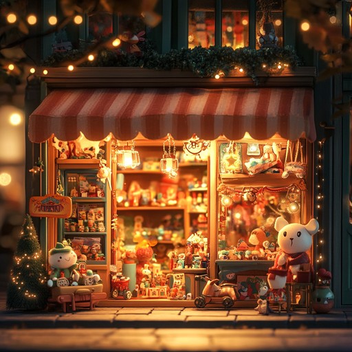 An orchestral piece that whimsically portrays a magical toyshop brimming with playfulness and enchantment, using light strings, woodwinds, and twinkling percussions to create a cheerful and mystical atmosphere.