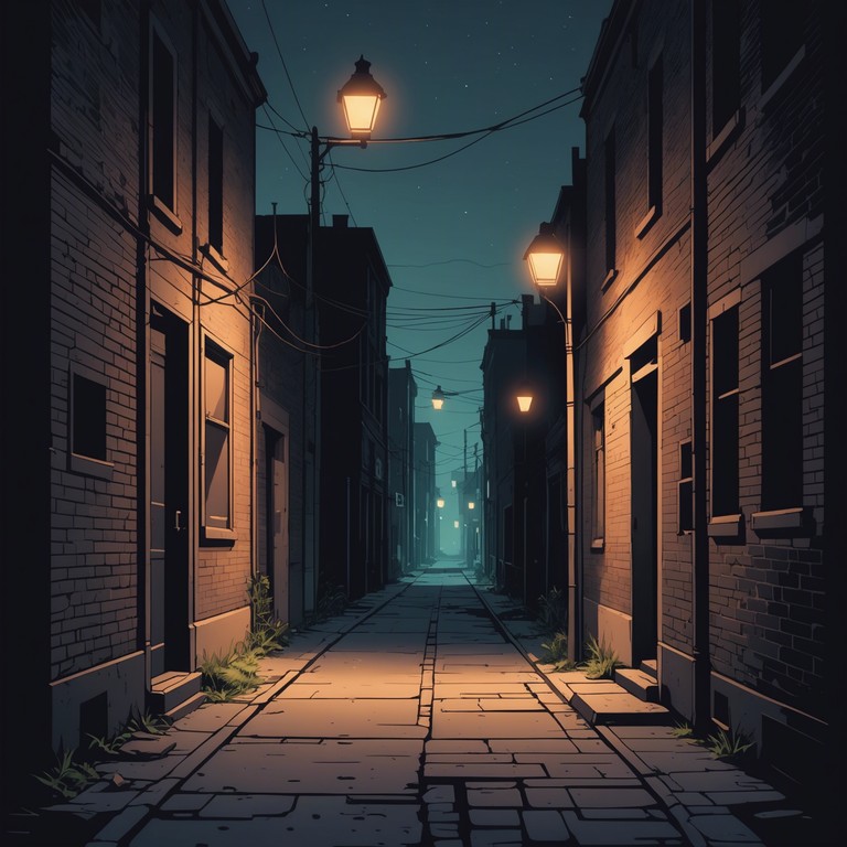 This track evokes the feeling of wandering through dimly lit city streets, with shadows casting mysteriously. The soundscape is designed to immerse the listener in the depths of a nocturnal urban environment, capturing the essence of the city's gritty underbelly through the use of electronic synths and layered ambient noises. The music progresses with a blend of suspense and curiosity, perfect for a nighttime adventure or a moody film scene.