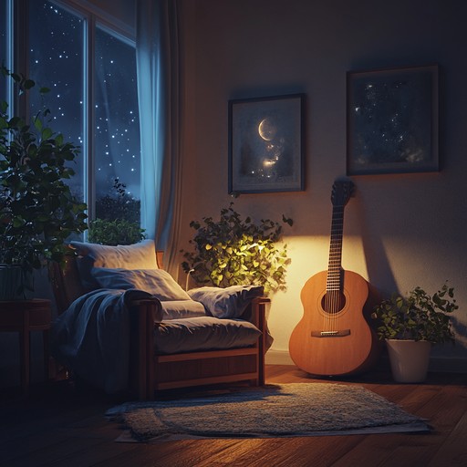 A warm, lullaby like melody designed to soothe and gently embrace the listener, with soft synths and gentle strumming creating an intimate atmosphere perfect for late night reflection