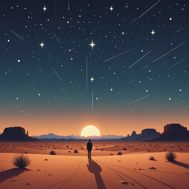 As night descends upon a desolate western landscape, the howl of the wind accompanies the soulful, eerie tunes of a harmonica, reflecting the vastness and the mystery of the desert under a starry sky.