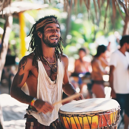 A bursting display of rhythmic percussion invokes lively summer street celebrations by the coast, blending traditional samba beats with vibrant melodies that inspire joyful dancing.