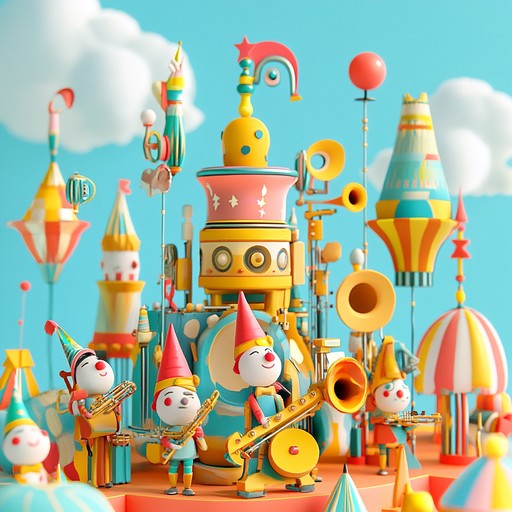 An energetic instrumental combining quirky melodies with mechanical beats, evoking a cheerful atmosphere reminiscent of a carnival run by playful robots