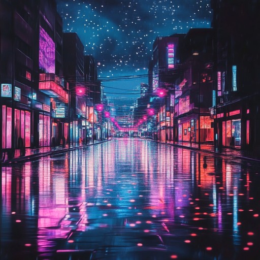 Experience a soothing blend of chill electronic melodies and ambient textures, creating a peaceful soundscape that transports the listener to a realm of serene bliss under neon lit skies.