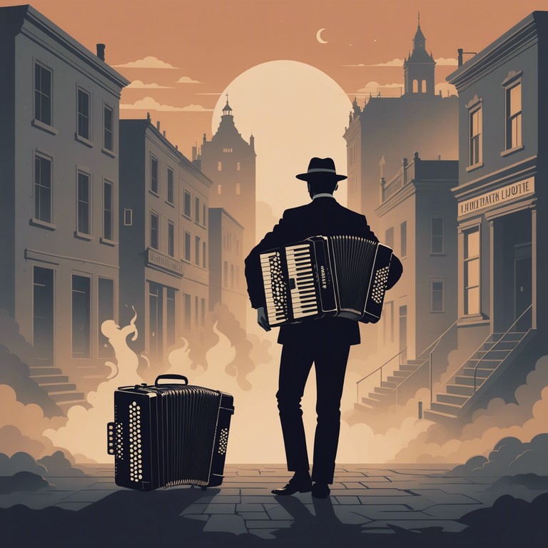 As night deepens, the accordion's melancholic tones echo through the vintage cabaret hall, filled with whispers of lore and draped in velvet shadows, where every note adds to the unfolding enigma.