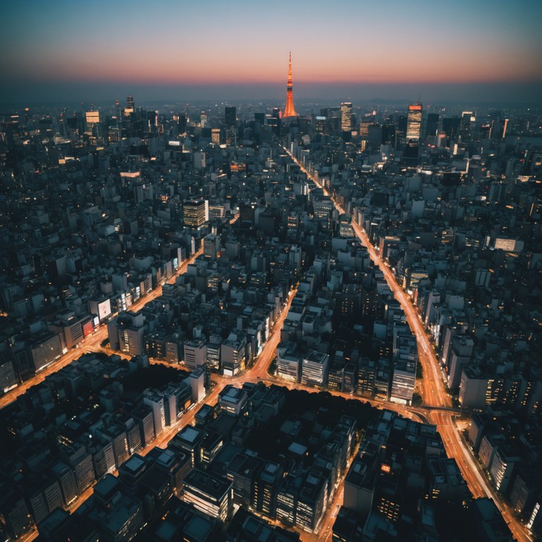 This track embraces the fusion of traditional japanese instruments with vibrant j pop rhythms, creating an exotic yet energetic aura that captivates the essence of a serene yet bustling tokyo evening. The composition features complex harmonies and dynamic shifts that reflect both the ancient and modern aspects of japanese culture.