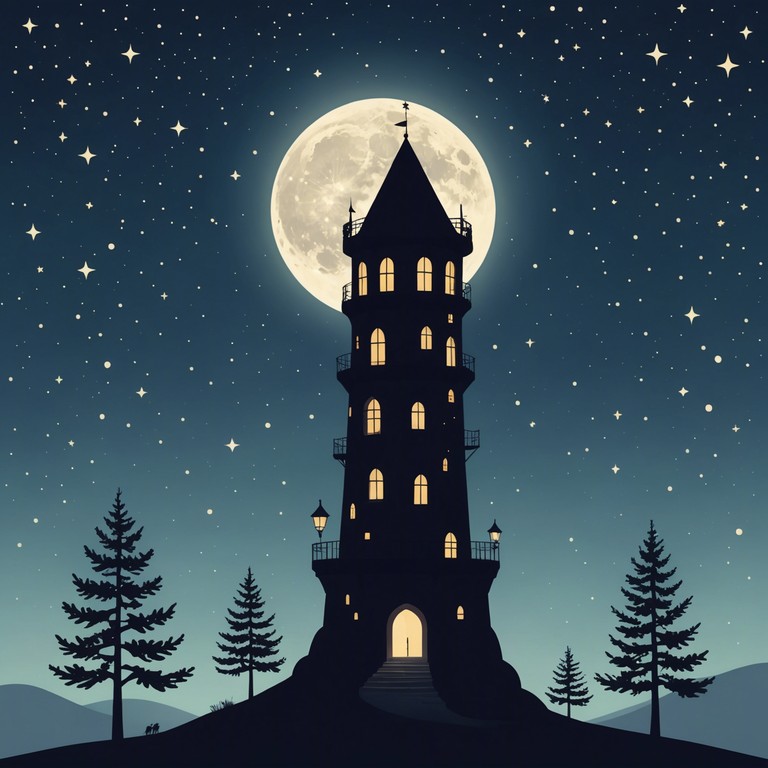 The composition captures the essence of a midnight adventure in an ancient, enchanted tower, blending playful melodies with a slight hint of suspense to create an atmosphere that keeps children thrilled and engaged. The music navigates through eerie yet whimsical passages as if they're exploring shadowy corners filled with friendly ghosts and magical creatures.