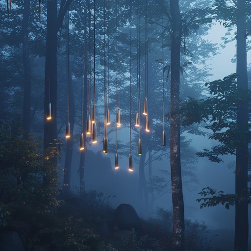 Experience a serene woodland where mystical wind chimes create tranquil melodies, blending with nature's whispers. This surreal soundscape evokes a peaceful, otherworldly atmosphere, filling listeners with calm wonder and a sense of magical curiosity