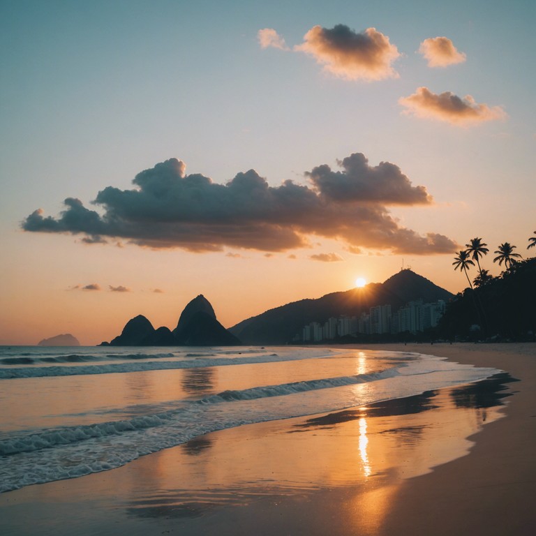 A piece capturing the essence of rio's beachside at nighttime, evoking a mild melancholy mixed with the gentle sound of waves and serene bossa nova rhythms. The music has a soothing, reflective quality, perfect for late evening reflections under a starry sky.