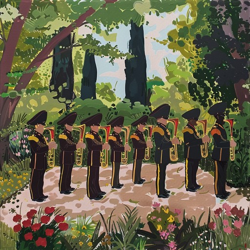 A soothing instrumental track blending the poignant dignity of military marches with relaxing, tranquil melodies. The arrangement focuses on maintaining a sense of honor and pride while enveloping the listener in a peaceful, calming atmosphere. Gentle brass and woodwind sections intertwine with soft percussion, creating an uplifting yet serene effect.