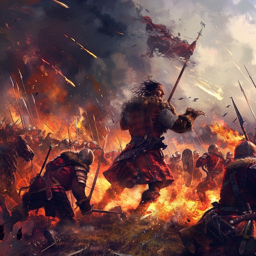 This instrumental track combines the raw energy of folk rock with aggressive guitar riffs and pounding drums, evoking an intense highlander battle scene. Traditional celtic melodies are woven through electric guitar, driving bass, and booming percussion, and occasional bagpipe leads. Perfectly capturing the feel of warriors' clash set against the rugged scottish landscape