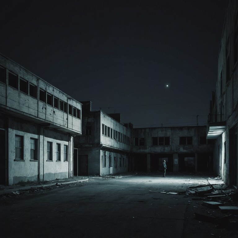 A soundtrack that feels like wandering through a ghostly urban landscape at night, with distant industrial noises and fleeting shadows, where echoes of past voices blend with the harsh realities of a metallic environment.