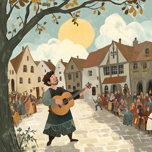 An upbeat instrumental piece that evokes the lively spirit of medieval troubadours, featuring fast paced lute melodies that capture the energy of traveling musicians entertaining villagers.