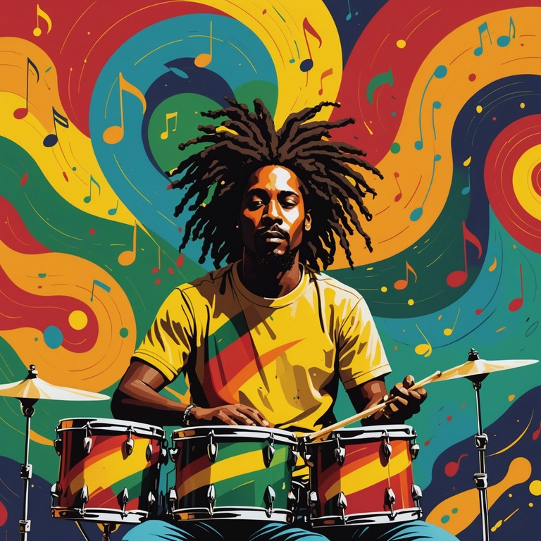 A frenetic and engaging reggae tune embracing chaos and unpredictability, featuring unconventional rhythms that collide, resulting in a totally unique auditory experience. The music shifts between controlled melodic lines and sudden, jarring rhythmic changes, embodying the sense of a musical adventure where anything can happen.