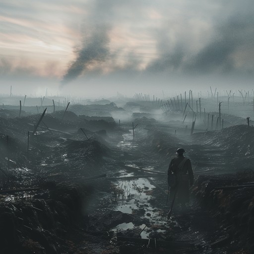 This track creates a chilling aura of a wartime battlefield shrouded in mist, using atmospheric sounds, distant military drums, and haunting melodies. Ethereal drones combined with the ominous beat of a snare drum deliver an unsettling, ghostly atmosphere, reminiscent of lost soldiers and echoing footsteps in abandoned trenches.