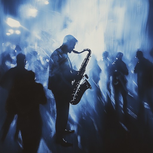 Imagine a 1920s jazz club in harlem, where the vibrant city life fuels the creativity of jazz musicians. This scene is bustling with energy as a saxophonist takes the stage, spotlight illuminating his figure, while the audience is drawn deeply into the soul stirring performance of melodious jazz tinged with the blues.