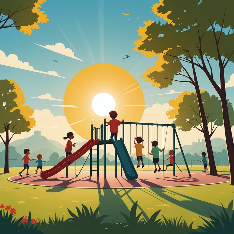 A vibrant, cheerful instrumental track featuring a lively melody perfect for young listeners’ enjoyment during playful, sunny afternoons in the playground. The melody invokes images of children playing games, laughing, and having a wonderful time outdoors.