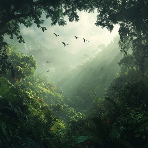 A symphony of the wild, where the rhythmic call of the jungle melds with celestial melodies. Birds chirp, a gentle river flows, and distant drums pulse as ethereal synthesizers create an otherworldly harmony. The listener is taken on a journey from the dense foliage of the rainforest to the clarity of the night sky