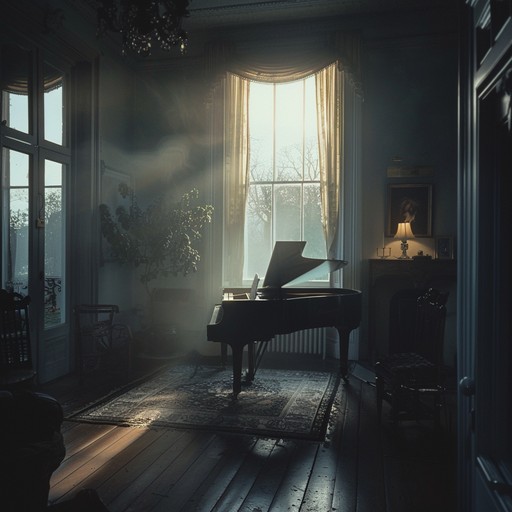 A minimalistic neoclassical piece soothes gently with soft violins and a melancholic piano, capturing the essence of twilight's slow, inevitable descent into night