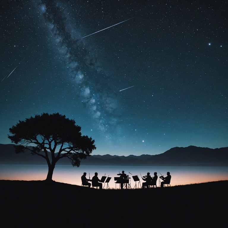 Imagine a grand orchestra playing under a starlit sky, each note building a backdrop of majestic, tranquil nocturnal landscapes. The music slowly unfolds like the night sky revealing its secrets, blending soothing string sections with subtle brass highlights to create a serene yet awe inspiring auditory experience.