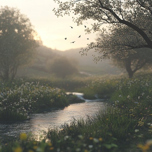 A tranquil instrumental composition with gentle guitar strumming blended with natural ambient sounds like birds chirping and a flowing brook. This serene piece evokes the calming feeling of a meadow at twilight, ideal for relaxation or meditation.