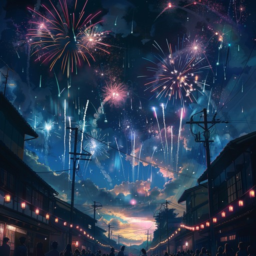 Transport listeners to a lively festival scene with animated fireworks, bustling stalls, and joyous parades. Upbeat tempos and melodic progressions evoke a festive, celebratory mood, full of excitement and vibrant colors, creating the perfect atmosphere for an anime festival.